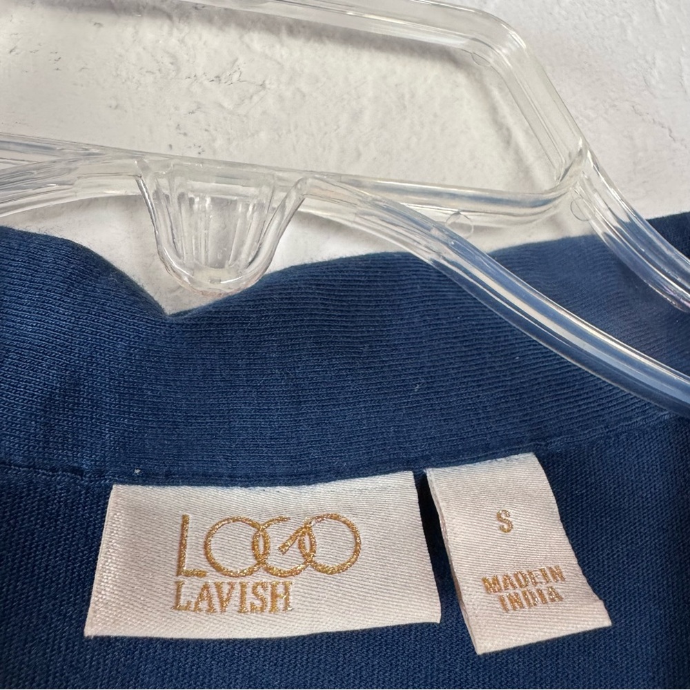 Logo Lavish Lori Goldstein Polo Shirt Knit Top Navy Blue Solid Lace Button Down - Picture 9 of 9